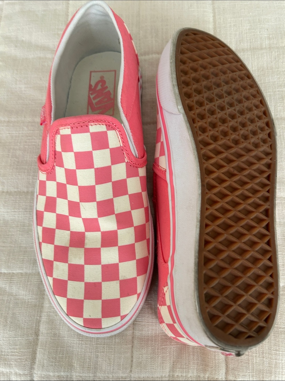 Vans Women’s Slip-On Checkerboard Sneakers in Pink and White